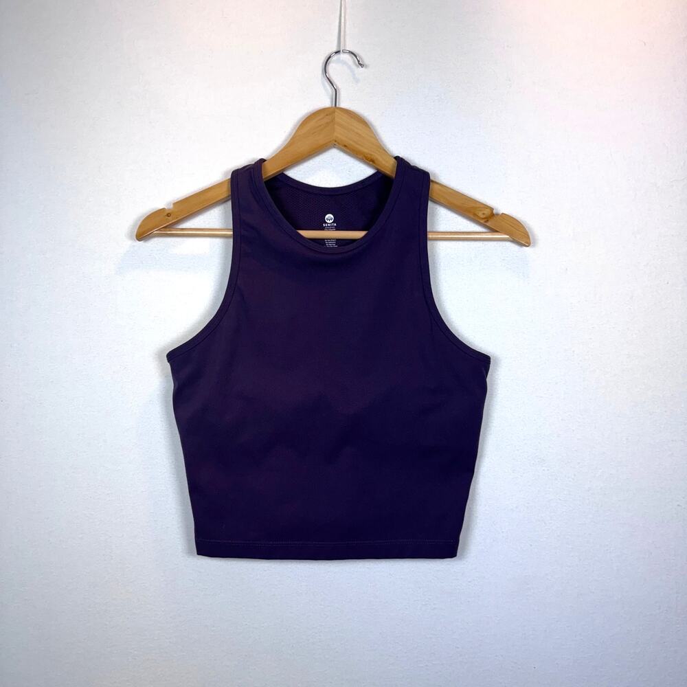 Senita Athletics Longline Sports Bra M Eggplant Purple Racerback Mesh Lined Crop